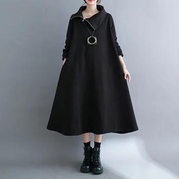 2023 Kış Yeni Kore Versiyonu Gevşek Artı Boyutu Elbise Kadın Fermuar Yüksek Boyun Elbiseler Uzun Kollu kadın uzun elbise