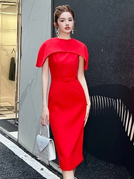 2023 Yeni Zarif Asil Mizaç 2 Parça Set Kadın Kırmızı Pelerin Üstleri Ceket Gelin Parti Akşam Vestidos Femme Doğum Günü Kıyafetleri