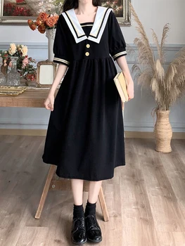 Zoki Japonya Tatlı Denizci Yaka siyah elbise Kadınlar 4Xl Büyük Boy Gevşek Kawaii Midi Elbise Moda Düğmeleri Tiki Tarzı Zarif Elbise