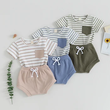 Yenidoğan Erkek Bebek yaz kıyafetleri Waffle Çizgili Kısa Kollu Cepli Gömlek Üst Şort Bahar Giysileri Set
