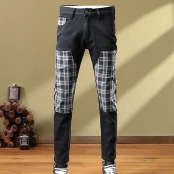 Erkek Ekose Baskı Patchwork Kot Siyah Skinny Jeans 2023 Hip Hop slim fit uzun kollu erkek gömlek Kot Pantolon Streetwear Pantolon Motosiklet Pantolon