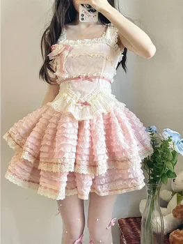 Lolita Kek Prenses Elbise Pembe Tatlı Kız Küçük Fransız Ağır İş Kabarık Elbise Cosplay Kostümleri Kadın Mini kemerli elbise