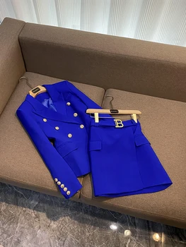Yeni Varış Şık Parlak Düz Renk Bayan Takım Elbise Uzun Kollu Kruvaze Blazer Kalem Mini Etekler Kadın Kaliteli Ofis 2 Adet