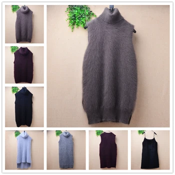 04 Bayanlar Kadınlar Güz Kış Giyim Tüylü Angora Tavşan Saç Örme Kolsuz Balıkçı Yaka İnce Bluzlar Yelek Vizon Kürk Kazak