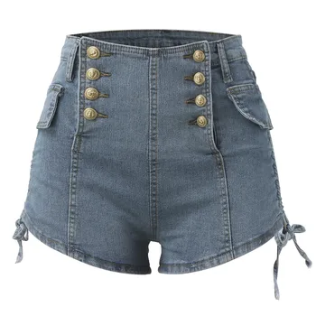 Kadınlar Düğme Aşağı Casual A-Line Kot Şort Cepler Yüksek Belli Mini Sıcak Jean kısa pantolon Mujer İlkbahar Yaz Microstretch