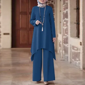 Müslüman Kadınlar Eşleşen Setleri Uzun Kollu Düz Renk Üstleri ve Gevşek Pantolon Takım Elbise Zarif Moda Rahat Eşofman Kaftan 2023