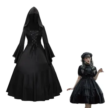 Gotik Ortaçağ Elbiseler Kadınlar İçin Retro Uzun Kollu Dantel Up Kapşonlu Elbise Dantel Parlama Kollu Elbise Cadılar Bayramı Kostümleri