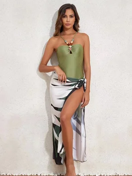 Yeşil İnce Dantel Up Kesme Bikini Setleri Taşlar Boncuklu Kemer Mayo Asimetrik Cover Up 2 Paket Mayo 2023 Plaj Mayo