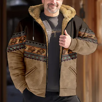 Erkek Fermuar Hoodies Bison Desen Baskı Rahat Kış uzun kollu giyim Kazak Rahat Kapüşonlu Ceket Giyim Paltolar