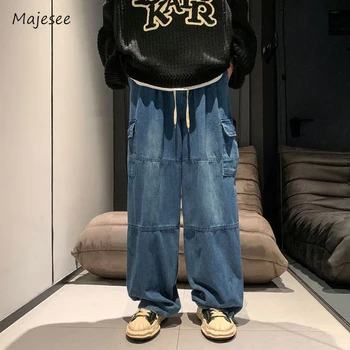 Erkek Kot Amerikan Tarzı Streetwear Vintage Eklenmiş Yıkanmış Denim Cepler Harajuku Paspas Pantolon Sonbahar Öğrencileri Moda Gevşek