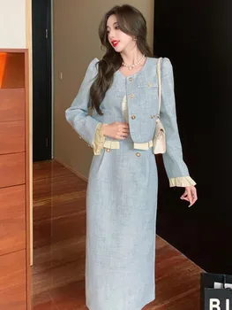 2023 Sonbahar Kadın Mavi Blazer Takım Elbise Kore Yeni Ruffles Kısa Üst Bayan İnce A-line Midi Etek Vintage Kadın Y2k 2 Parça Set