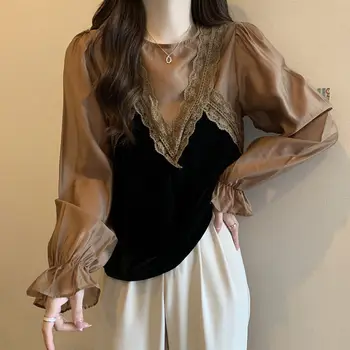 Bluz kadın göbek kaplama sahte iki uzun kollu bluzlar kadın sonbahar Kore versiyonu ekleme o boyun rahat dantel bluz kadın