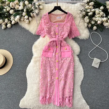 ALPHALMODA 2023 Dantel Kare Boyun Elbise Hollow out Nakış Tek Göğüslü Kadın kuşaklı Moda Vintage Elbise