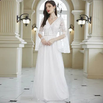 Zoctuo Beyaz Dantel Elbiseler Kadınlar İçin Resmi Nakış Yarık Parlama Kollu Uzun gece elbisesi Zarif Örgü Gelin düğün elbisesi
