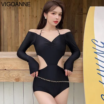 VigoAnne Siyah Uzun Kollu Mayo Kadınlar 2023 Seksi Hollow Push Up Tek Parça Mayo Kore Slim Fit Monokini Plaj Mayo