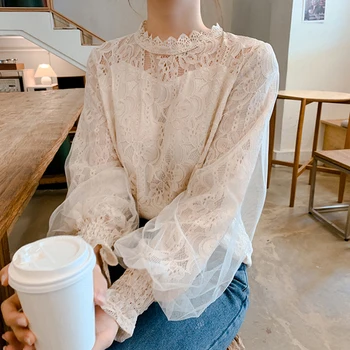 Sonbahar 2023 Yeni Moda Dantel Patchwork Mesh Tops Fener Kollu Kadın Gömlek Kore Bluz Oymak