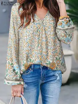 ZANZEA 2023 İlkbahar Sonbahar Kadınlar Gevşek Bluzlar Bohemian Çiçek Baskı Casual Tops V Yaka Kadın Tatil Uzun Kollu Tunik Streetwear
