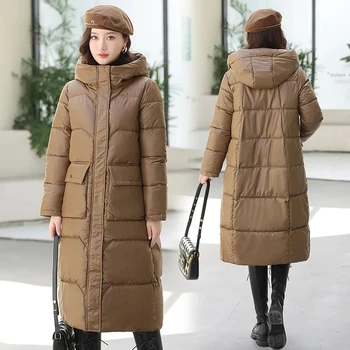 Moda Uzun Rüzgar Geçirmez Pamuk-Yastıklı Mont Kadın Aşağı Pamuk Ceket Kapüşonlu Kış Ceket Kalın Sıcak Yastıklı Kirpi Parkas Palto