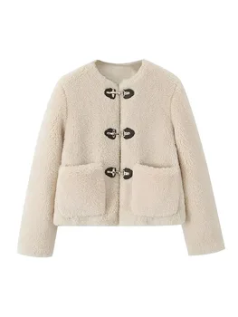 TRAF Kadın Faux Kaşmir Ceketler Vintage Uzun Kollu Düğme Up Sıcak Palto Ceket Kadın Giyim Chic Tops