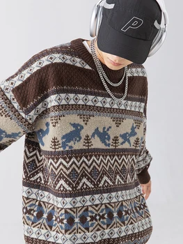 Kış Örme Kazak Erkekler Kadınlar Kore Moda Vintage Baskı Jakarlı Kazak Çift Harajuku Hip Hop Y2k Streetwear Jumper