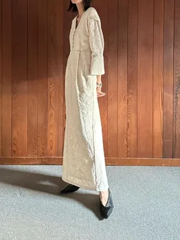 Japonya Zarif oyma dantel Çiçek Vestidos V Yaka Şık Düğme Elbise Bahar sonbahar Yüksek Bel Elbiseler Kadın Gevşek Robe Femme