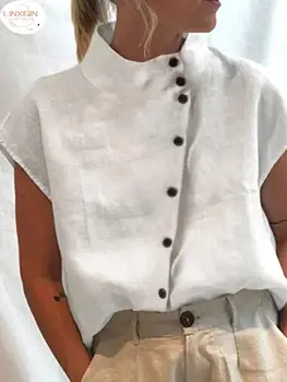 LINXIQIN Kadınlar Yaz Bluzlar 2024 Moda Pamuk Keten Blusas Hafif Beyaz Gömlek Casual Chic Tunik Üstleri Büyük Boy Giyim