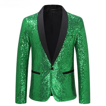 Parlak Yeşil Pullu Disko Glitter Parti Blazer Erkekler için Noel Mardi Gras Cadılar Bayramı Kostüm Akşam Yemeği Düğün Balo Takım Elbise Ceket 2XL