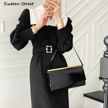 Yeni Zarif uzun elbise Kadın Kemer ile 2023 Yüksek Bel Siyah Uzun Kollu Turn Down Elbise Vestido Ofis Bayanlar İş Giyim