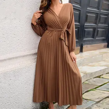 Pileli Hem Maxi Elbiseler Kadınlar İçin 2022 V Yaka Fener Uzun Kollu bel Kayışı A-Line Sonbahar Elbise Abiye vestidos