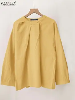 ZANZEA Kadınlar Uzun Kollu Bluz Moda Yuvarlak Boyun Pilili Gömlek Casual Gevşek Düz Renk Düğmesi Blusas 2024 Yaz Ofis Tunik