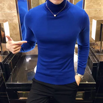 Moda Yeni erkek Kış Balıkçı Yaka Kazak Düz Renk Slim fit İş Rahat Basit Termal Jumper Erkek Triko Taban Kazak