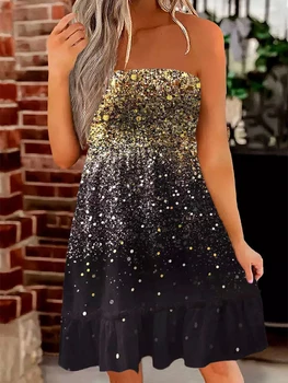 Moda Glitter Önlüklü Straplez Mini Elbise Yaz Geri Bandaj Bandeau Elbiseler Kadınlar için Plaj Parti Kulübü Sundress 2023