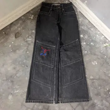 JNCO ışlemeli retro yıkanmış kot fermuar ekleme ıle Amerikan yüksek sokak moda marka retro niş gevşek düz pantolon