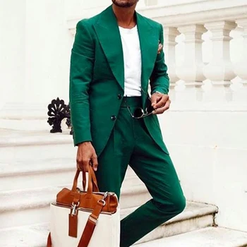 2 parça Rahat Erkek Takım Elbise Düğün için Doruğa Yaka Yeşil Groomsmen Smokin 2020 Erkek Moda Giyim Seti Ceket Pantolon