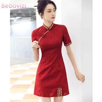 Geleneksel Çin Giyim Kırmızı Cheongsam Yaz Yeni Modern Geliştirilmiş Genç Kısa Qipao Elbise Yeni Yıl CNY