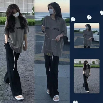 2023 Takım Elbise Kadın Yaz Yeni Gevşek Harajuku Rüzgar Kısa kollu Üst + Rahat Geniş bacaklı Pantolon İki parça Takım Elbise Gelgit Y2K