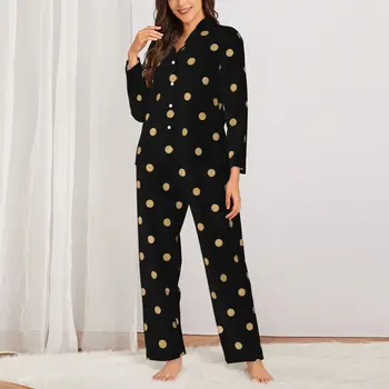 Altın Nokta Baskı Pijama Setleri Puanl Sevimli Pijama Kadın Uzun Kollu Vintage Yatak Odası 2 Adet Kıyafeti Büyük Boy 2XL