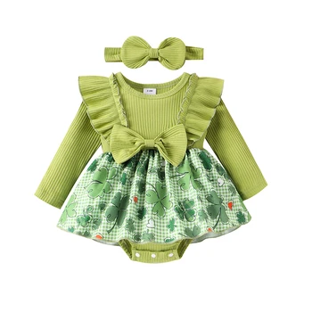 Bebek Kız St Patrick Günü RomperFour Yapraklı Yonca Elbise Yuvarlak Boyun Fırfır Omuz Uzun Kollu Şanslı Yonca Baskı Etek Etek