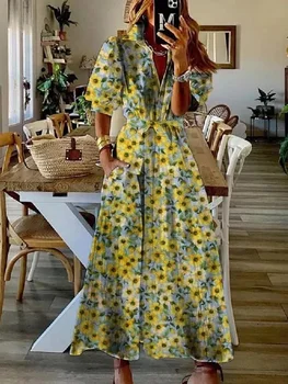 Femme 2022 İlkbahar Yaz Bohemian Baskı Elbise Gevşek Rahat Patchwork V Boyun uzun elbise Kadın Kısa Kollu Düğme Parti Elbiseler