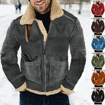 Streetwear Yeni Kürk Entegre Erkek Ceket Yastıklı Taklit Lambswool Uzun Deri Kadife Ceket Büyük Boy S-5XL Erkek Giyim Giyim