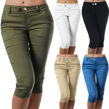 Yaz Kadın Cep Pantolon Açık Rahat Vintage Moda Diz Boyu Pantolon Konfor Düz Renk Düğmesi İnce İnce kısa pantolon