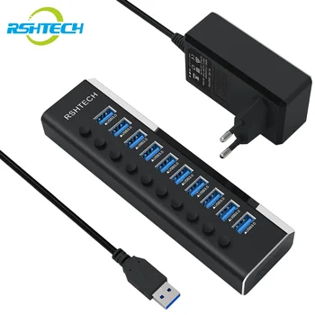 RSHTECH A10 USB Hub 10 Port 5 Gbps USB 3.0 Veri Hub ile 36 W 12 V / 3A Güç Adaptörü Bireysel On / Off Anahtarları Dizüstü USB Splitter