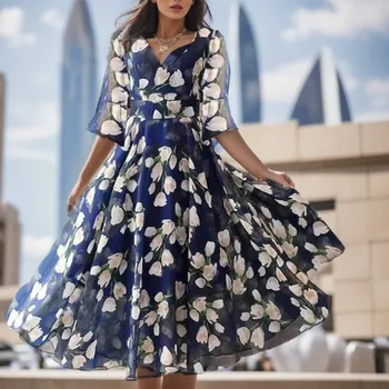 Kadın Moda Zarif rahat elbise Şifon V Yaka Yarım Kollu Çiçek Baskılı Elbise Vintage Gevşek Mizaç Parti Elbise