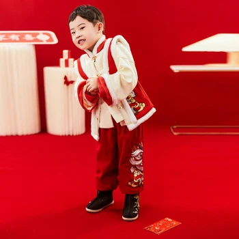 2024 Çin Yeni Yılı Erkek Şanslı Tang Takım Elbise Yılı Ejderha Nakış 3 Adet Hanfu Giysiler Geleneksel Kostüm
