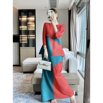 Miyake issey Miyake Pilili Takım Elbise Tasarımcısı Gelişmiş Geometrik Renk Eşleştirme Moda Rahat Üst Etek Zarif İki parçalı Set 2023 Sonbahar Yeni