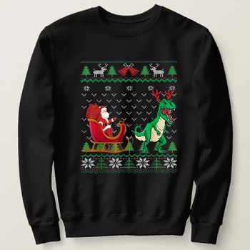 Komik Dinozor Çirkin noel kazağı T Rex Çekme Noel baba'nın Kızak Tişörtü %100 % Pamuklu Rahat Erkek Hoodie Moda Streetwear