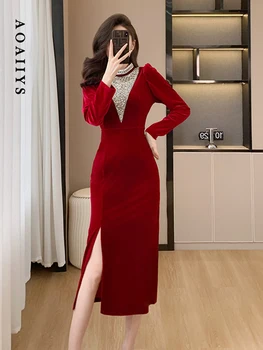 Aoaıys Kırmızı Kadife Elbise Kadınlar için Standı Yaka Eklenmiş Elmas Uzun Kollu İnce Elbise Zarif kore modası Elbise Kış Yeni
