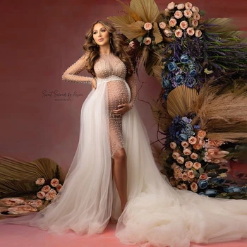 See Through Boncuklu Tül hamile elbiseleri Fotoğraf çekimi İçin Illusion İnciler Uzun Gebelik Elbise Zarif Örgü Balo Parti Törenlerinde