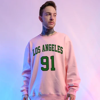 Los Angeles 91 Yeşil Mektup Baskılar Unisex Pamuk Tişörtü Hip Hop Sokak Hoodies Vintage Casual Uzun Kollu Erkek Giyim