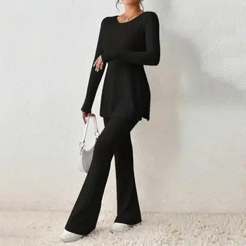 2023 Sonbahar Kış Örme 2 Parça Takım Elbise Kadın Uzun Kollu Nervürlü Yarık Uzun Üst ve Yüksek Bel kalem pantolon seti moda Kıyafet